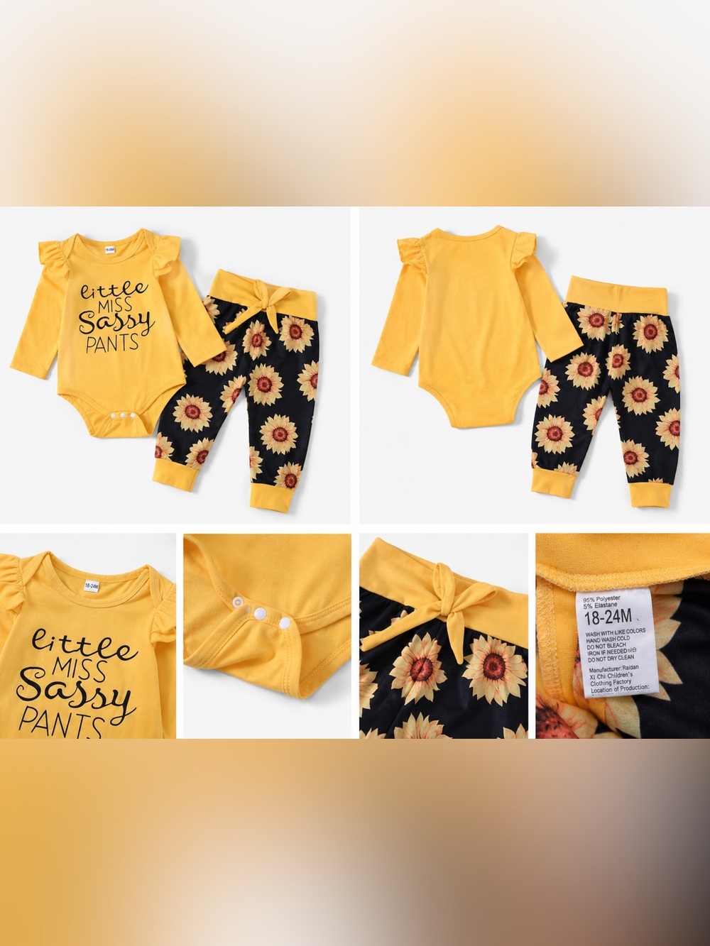 SHEIN Yellow Sunflower Ruffle Sleeve Bodysuit & Pants Set